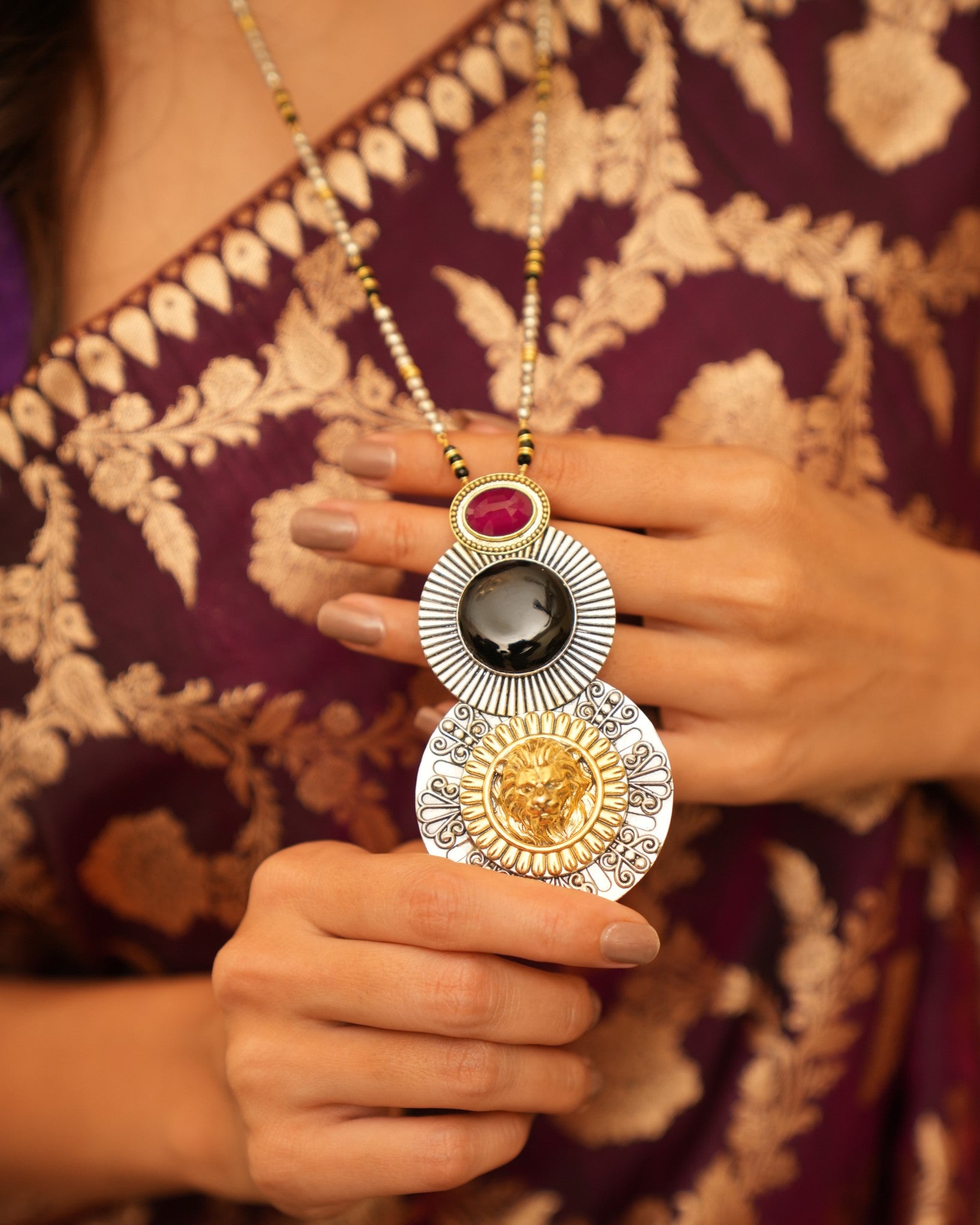 Majestic Lion Figure Long  Silver Pendant with Exotic Stones
